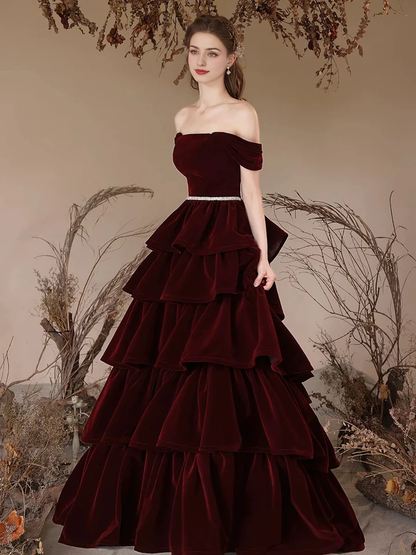A-Line Off Shoulder Velvet Bead Decoration Elegant Long Atmosphere layered Cake skirt Sweet Prom Dress