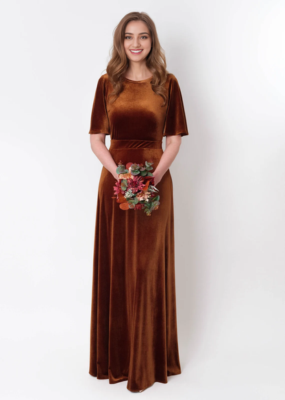 A-line Longuette Velvet Dress Round Neck Short Sleeves Elegant Formal Wear Dresses Wedding Guest Dress Evening Dress