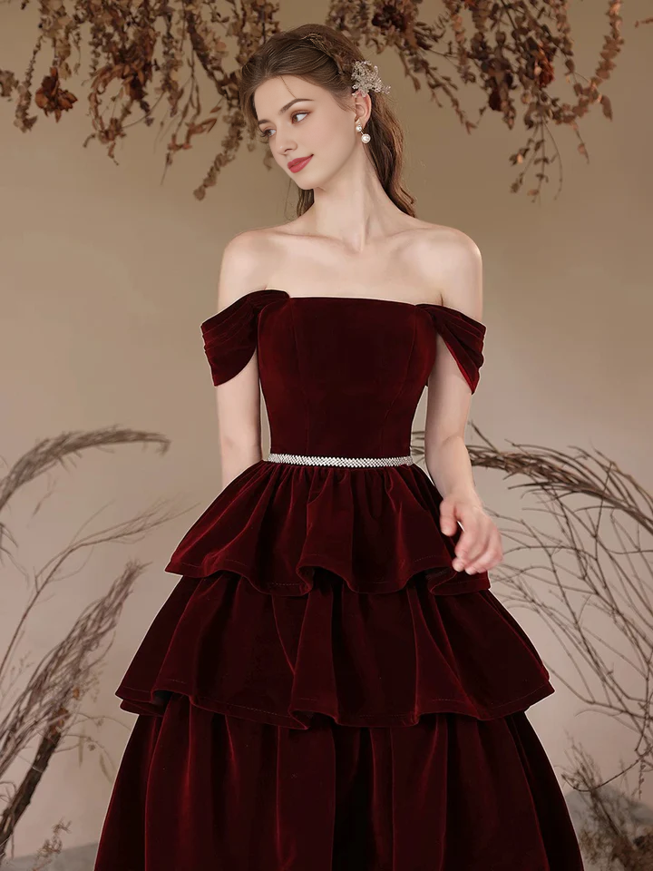 A-Line Off Shoulder Velvet Bead Decoration Elegant Long Atmosphere layered Cake skirt Sweet Prom Dress