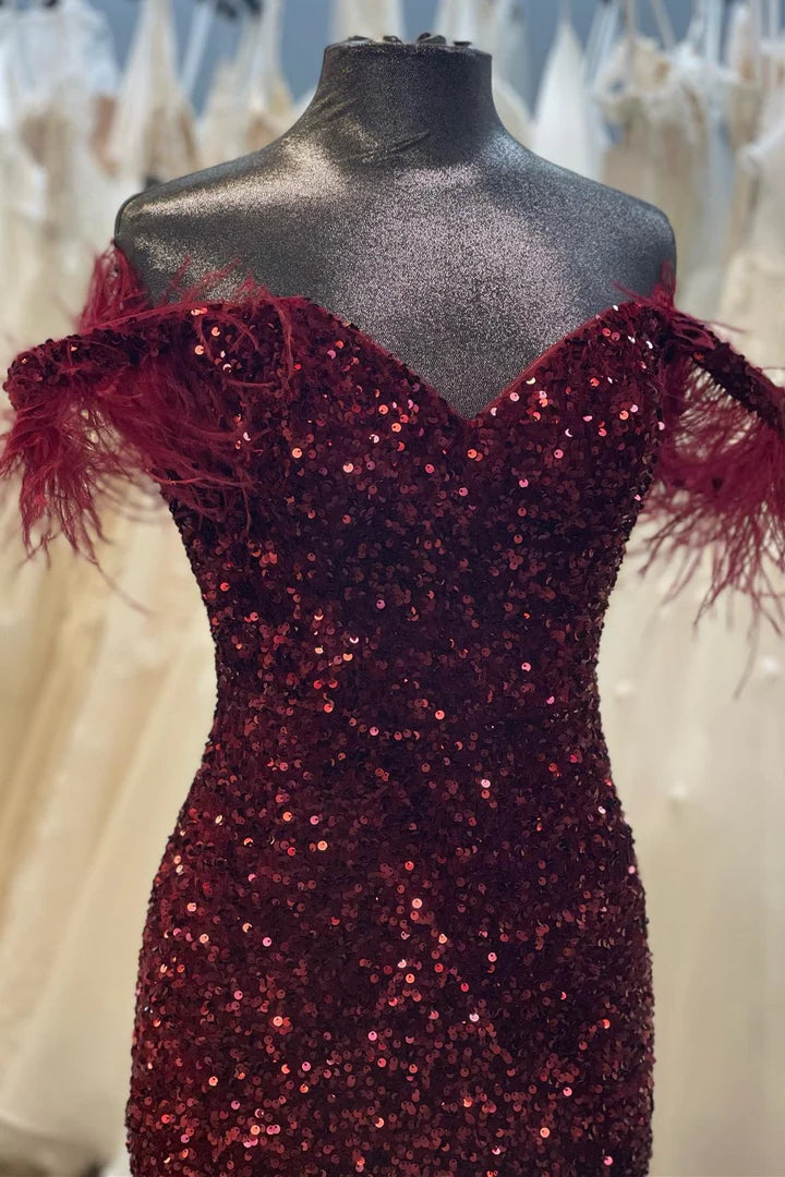 Sequin Feather Straps Mermaid Long Prom Dress