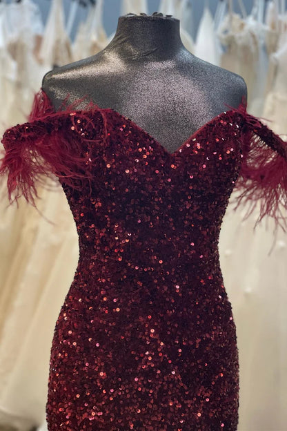 Sequin Feather Straps Mermaid Long Prom Dress