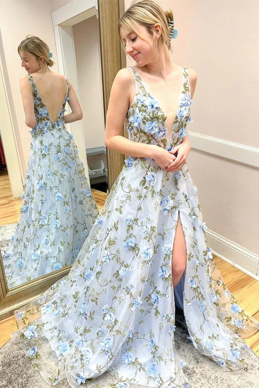 Organza Plunge V A-Line Long Prom Dress with 3D Floral Lace