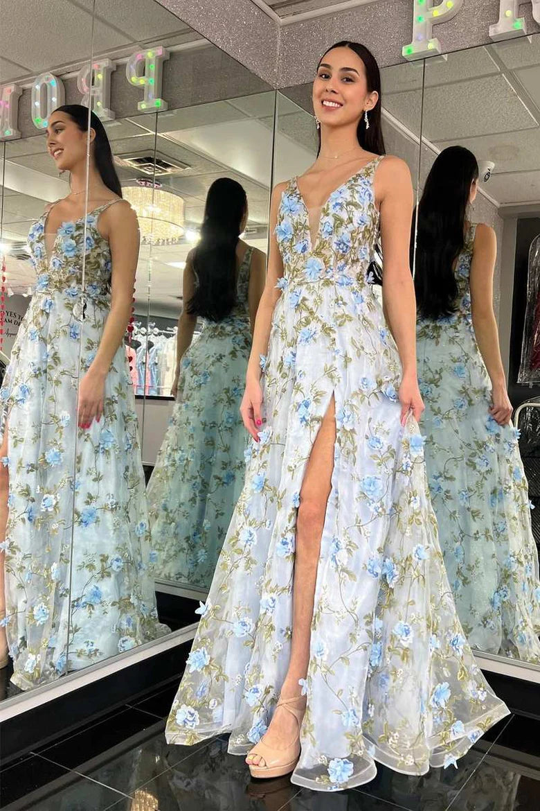 Organza Plunge V A-Line Long Prom Dress with 3D Floral Lace