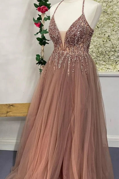 Tulle V-Neck Backless Beaded Long Prom Dress