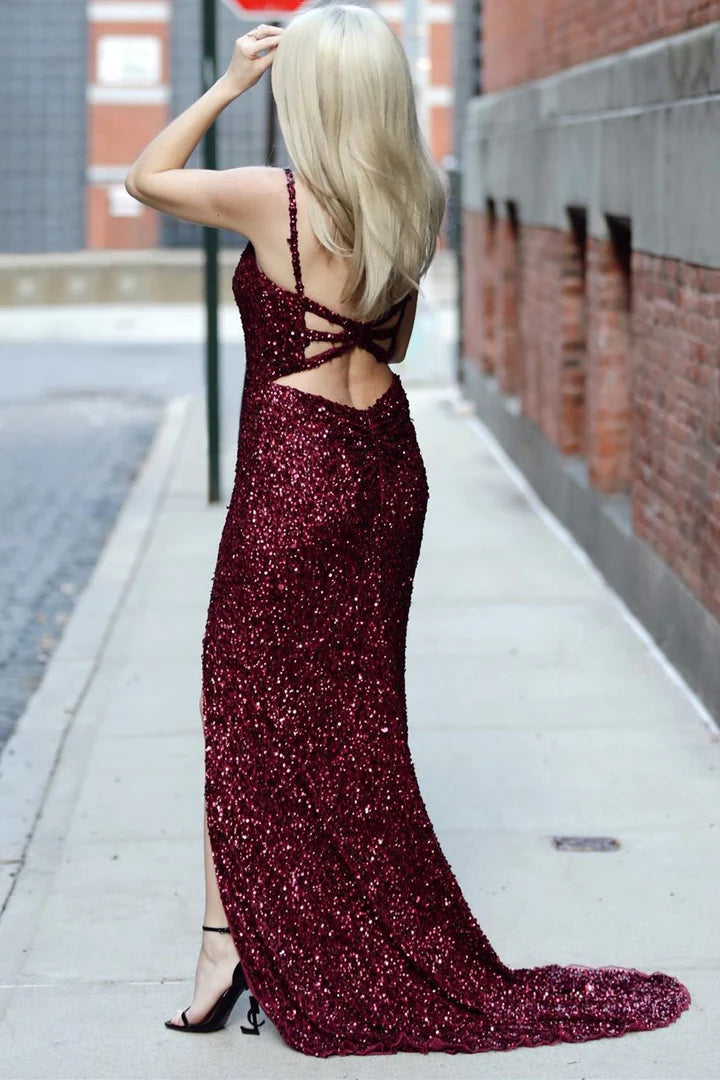 Sequin V-Neck Backless Mermaid Long Formal Dress