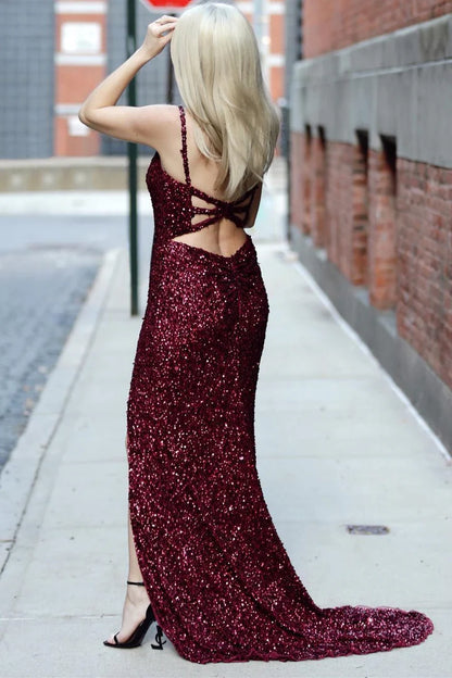 Sequin V-Neck Backless Mermaid Long Formal Dress