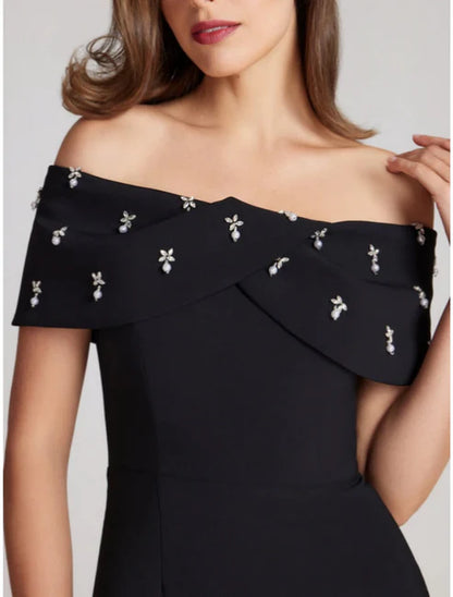 Sheath / Column Elegant Wedding Guest Dresses Elegant Dress Homecoming Knee Length Black Dress Short Sleeve Off Shoulder Stretch Fabric with Crystals