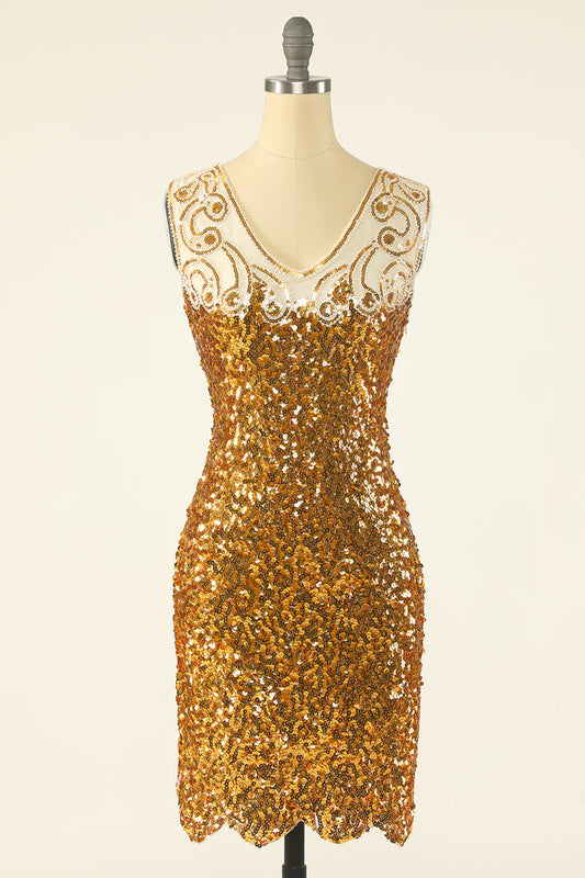 Sheath Golden  Glitter Sparking Sequins V-Neck Short/Mini Flapper Dress