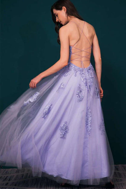 Tulle Apliques Lace-Up Prom Dress
