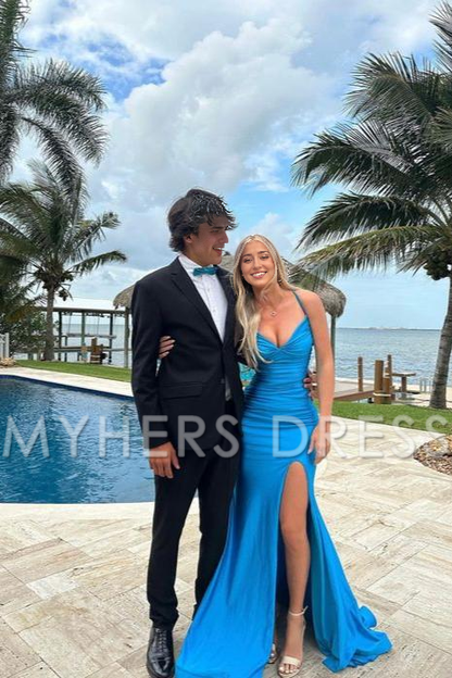 My Hers Ladies Formal Dress Charming Mermaid V Neck Spaghetti Strap Satin Backless Side Fork Sexy Prom Dress