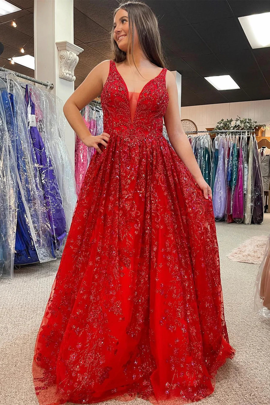 Beaded Plunge V Backless A-Line Prom Gown