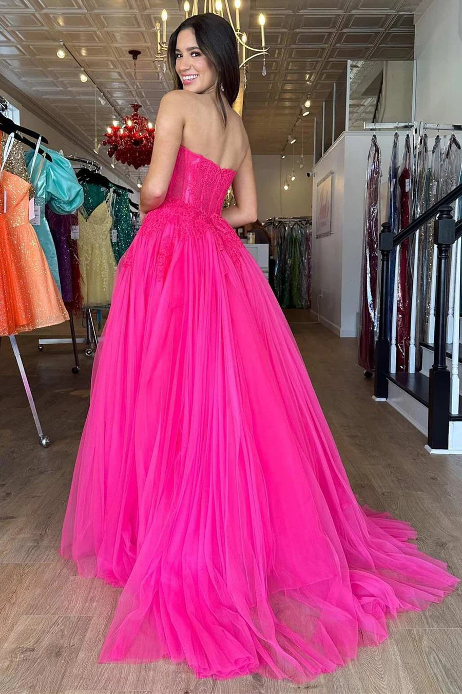 Tulle Lace Strapless A-Line Long Prom Dress