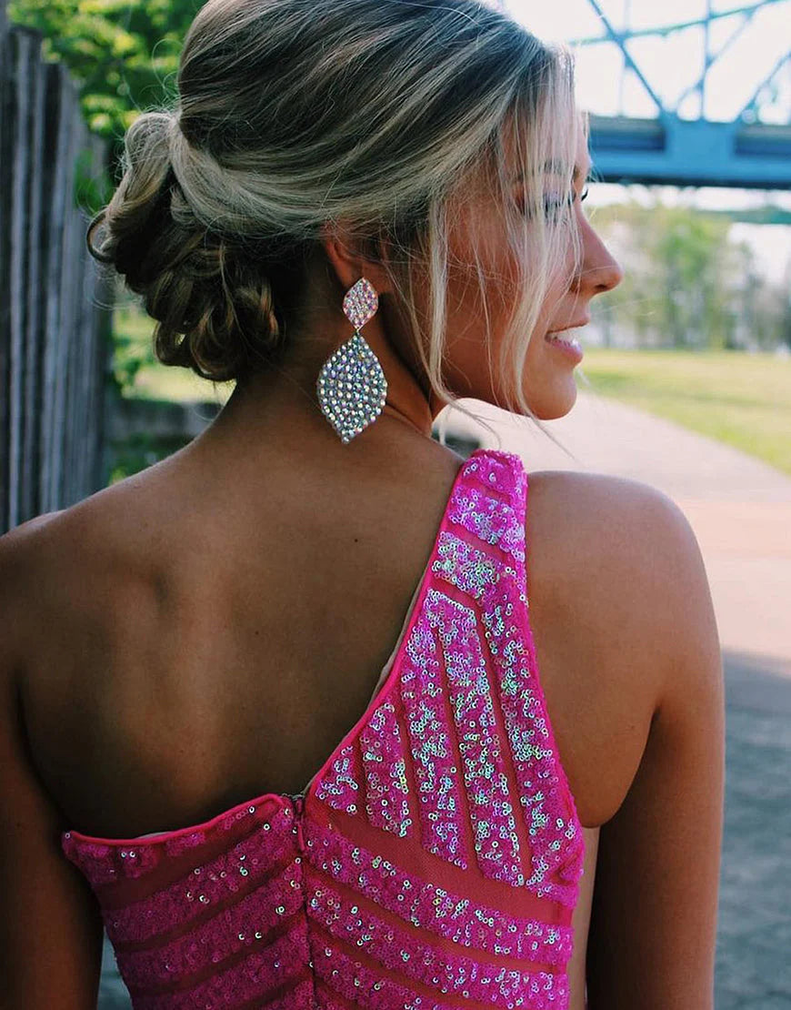 Mermaid Sequin Hot Pink One Shoulder Prom Dress