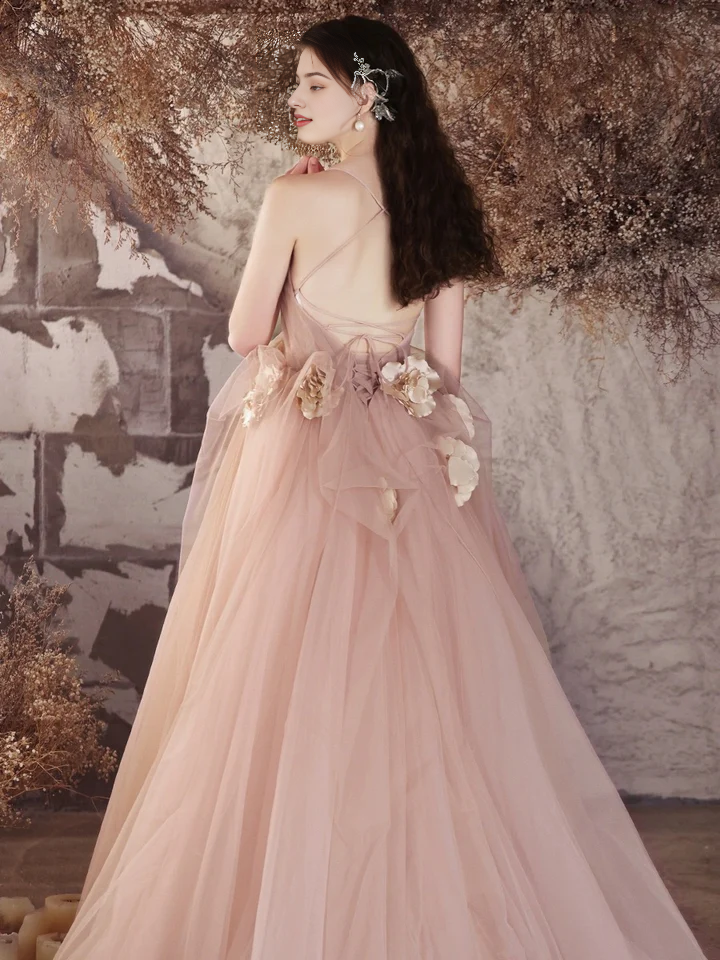 A-Line Heart-shaped collar Tulle Flower Long Spaghetti Strap Backless Long Elegant Fantastic Prom Dress