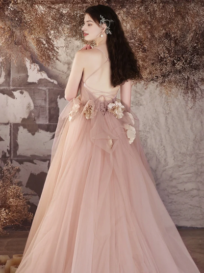A-Line Heart-shaped collar Tulle Flower Long Spaghetti Strap Backless Long Elegant Fantastic Prom Dress