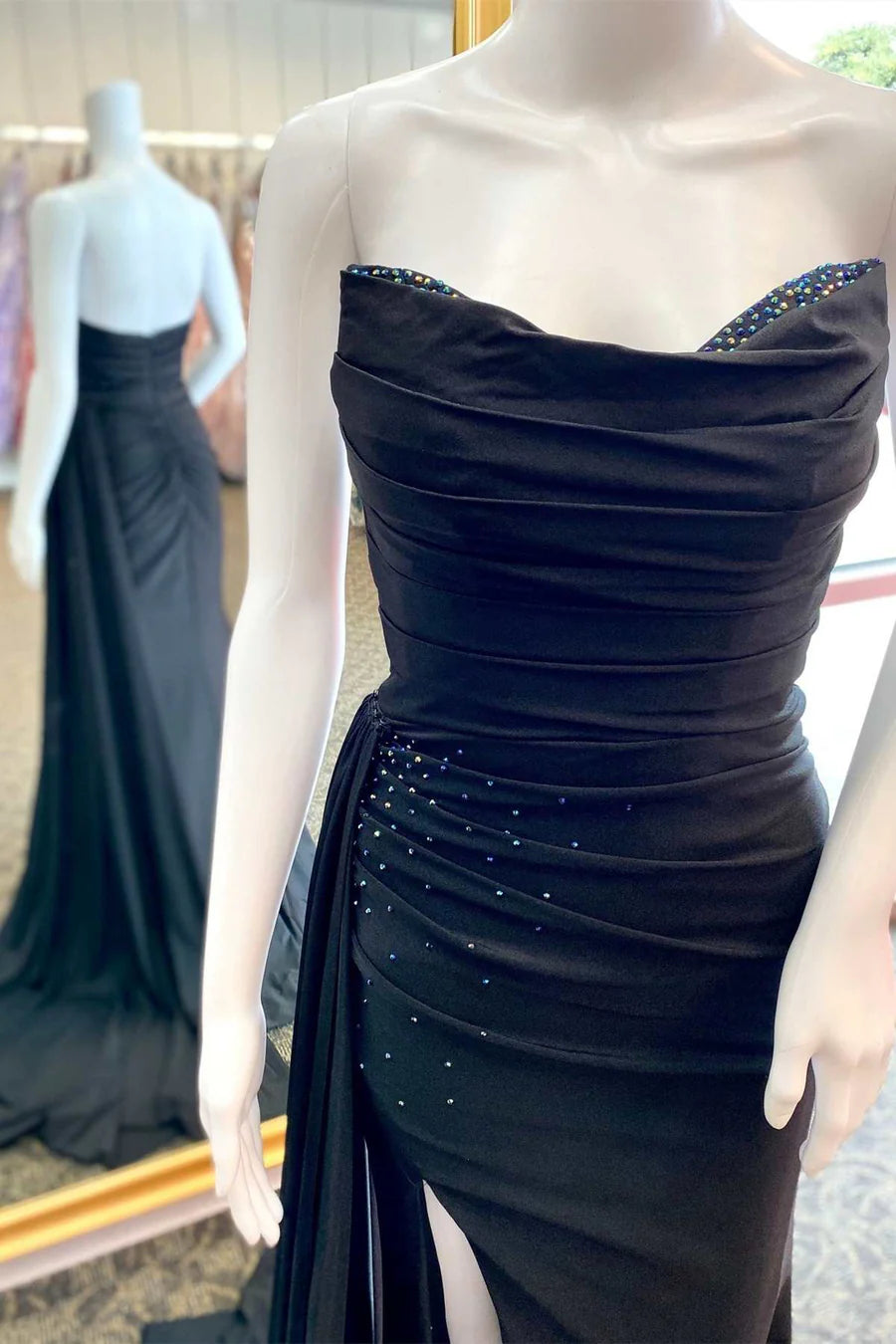 Beaded Strapless Ruched Long Formal Dress with Attached Train