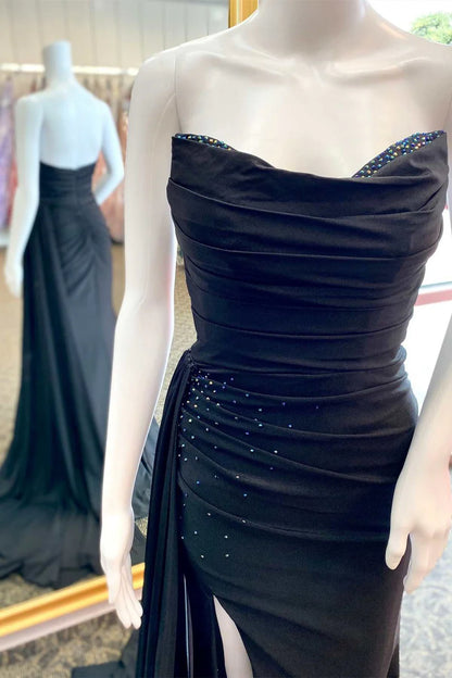 Beaded Strapless Ruched Long Formal Dress with Attached Train