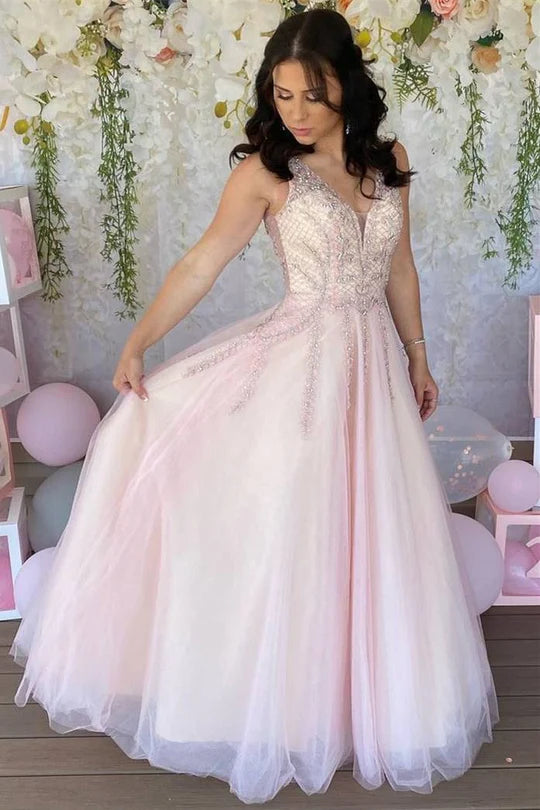 Tulle Beaded Sleeveless A-Line Prom Dress