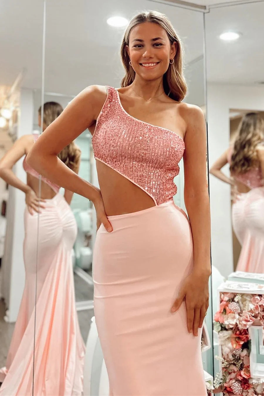 One-Shoulder Pink Sequin Cutout Trumpet Long Prom Dress