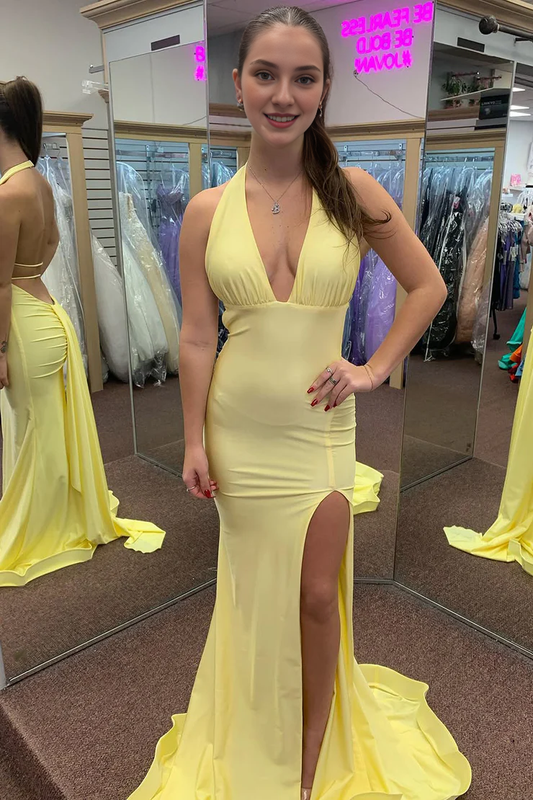 My Hers Ladies Formal Dress Charming Mermaid Halter Kntting Backless Satin Side Fork Long Fashion Prom Dress