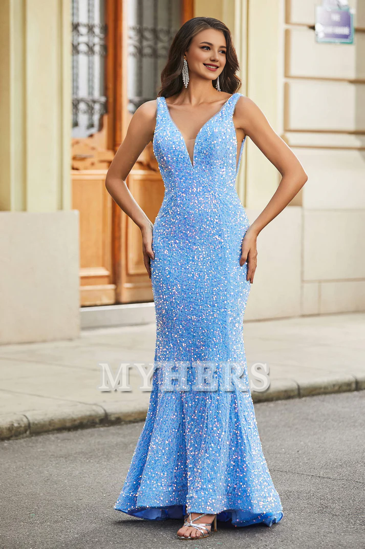 Formal Women's Dresses Mermaid V-Neck Sleeveless Sequins Backless Sweep Train Gown Plunging High Quality Evening Dress
