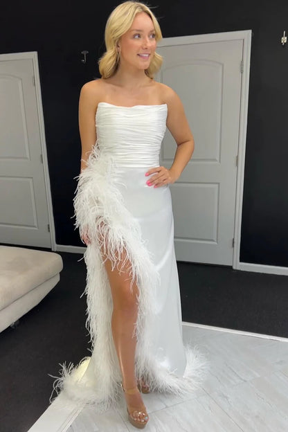 Feather Strapless Ruching Long Formal Dress with Slit