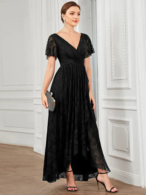 Asymmetric Pleated V-Neck Ankle-Length Short Sleeve Ruffled Lace Evening Dress/Prom Dresses Party Dresses Wedding Guest Dresses