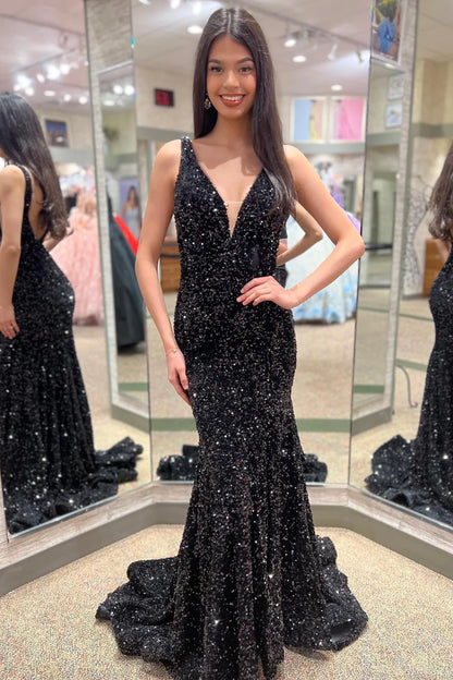Glitter Plunge  Sequin Trumpet Long Formal Dress