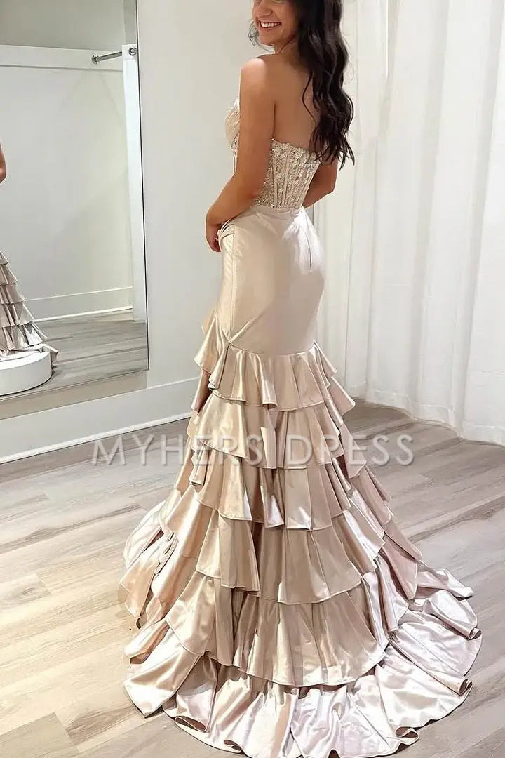 My Hers Ladies Formal Dress Strapless Scoop Layered Pleated Mermaid Side Fork Elegant Prom Dress