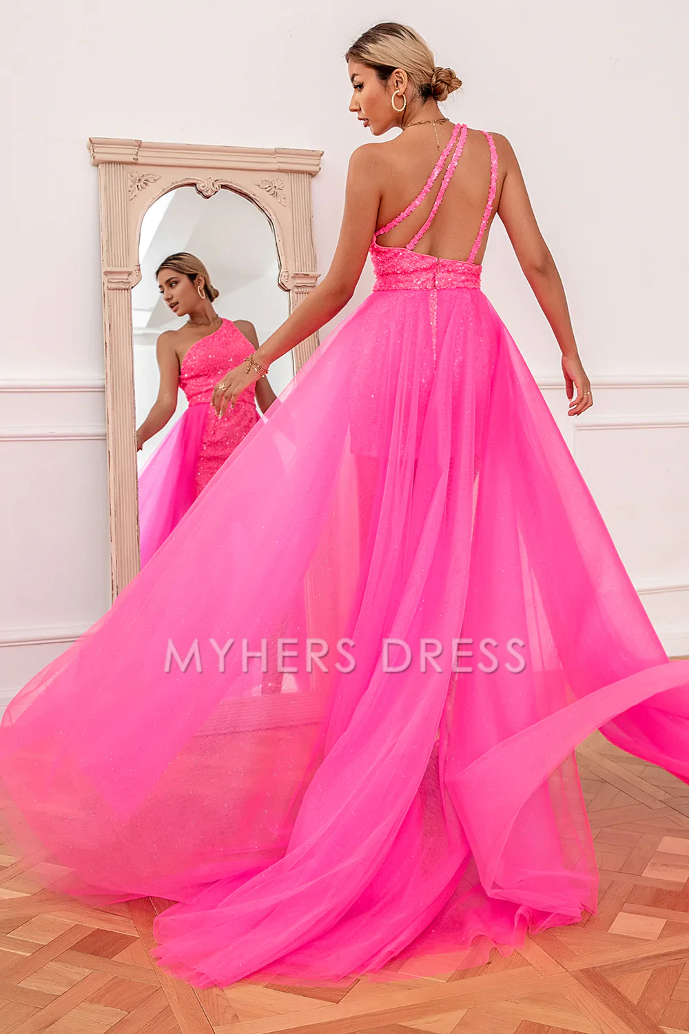 My Hers Ladies Formal Dress Fashion One Shoulder Sequin Backless Short Skirt Detchable Train Prom Dress