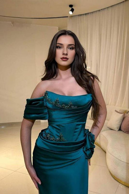 Sheath Column Off The Shoulder Brush Train Dresses Satin Evening Dress Crystals Floor Length Party Dresses