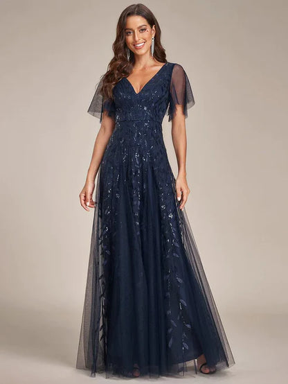 Shimmery V Neck Ruffle Sleeves Sequin Maxi Long Evening Dress/Prom Dresses Party Dresses Wedding Guest Dresses
