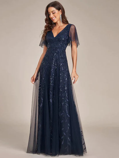 Shimmery V Neck Ruffle Sleeves Sequin Maxi Long Evening Dress/Prom Dresses Party Dresses Wedding Guest Dresses