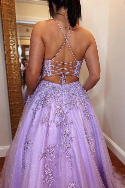 Tulle Applique Lace-Up Back A-Line Prom Dress