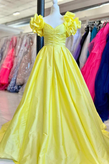 A-Line  Off-the-Shoulder Ruffled Sleeve Prom Gown