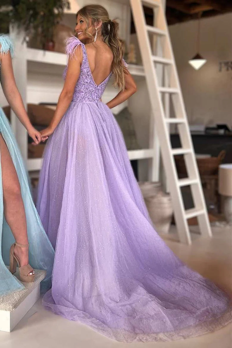 Feather Beaded V-Neck Long Prom Dress with Slit