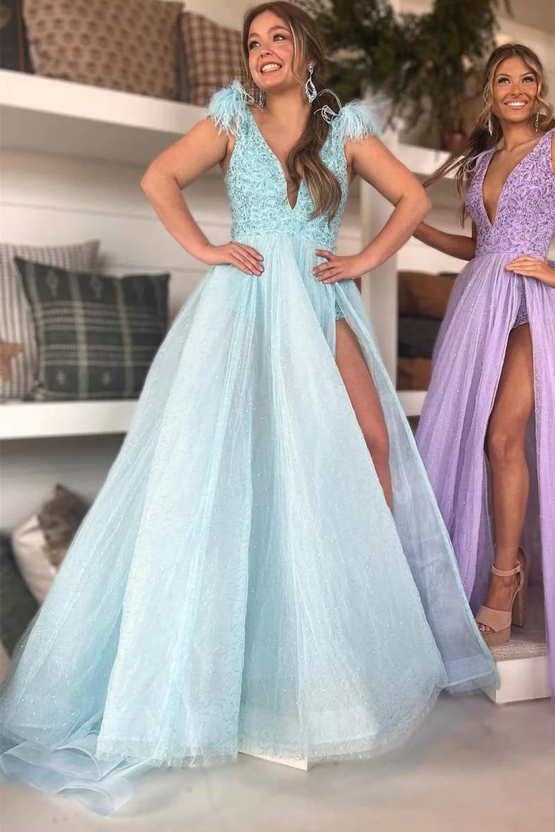 Feather Beaded V-Neck Long Prom Dress with Slit