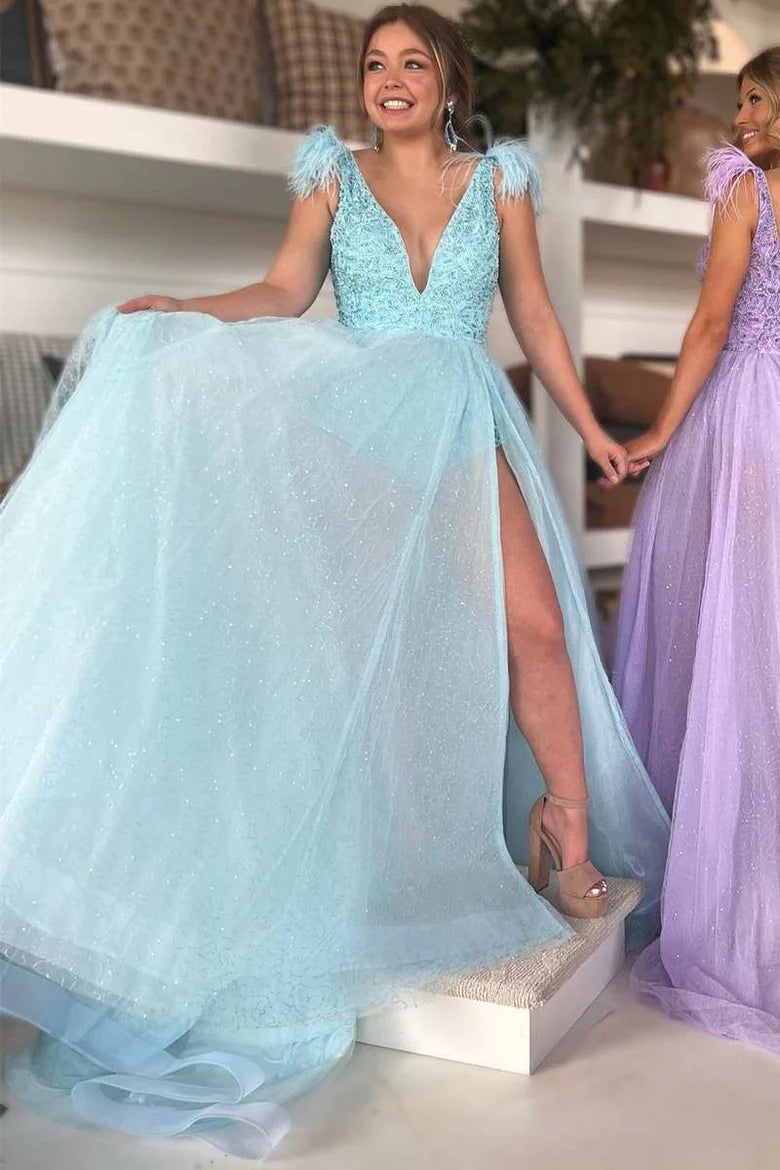 Feather Beaded V-Neck Long Prom Dress with Slit