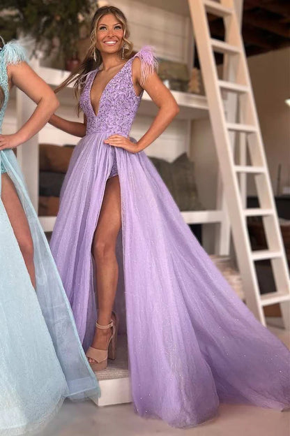Feather Beaded V-Neck Long Prom Dress with Slit