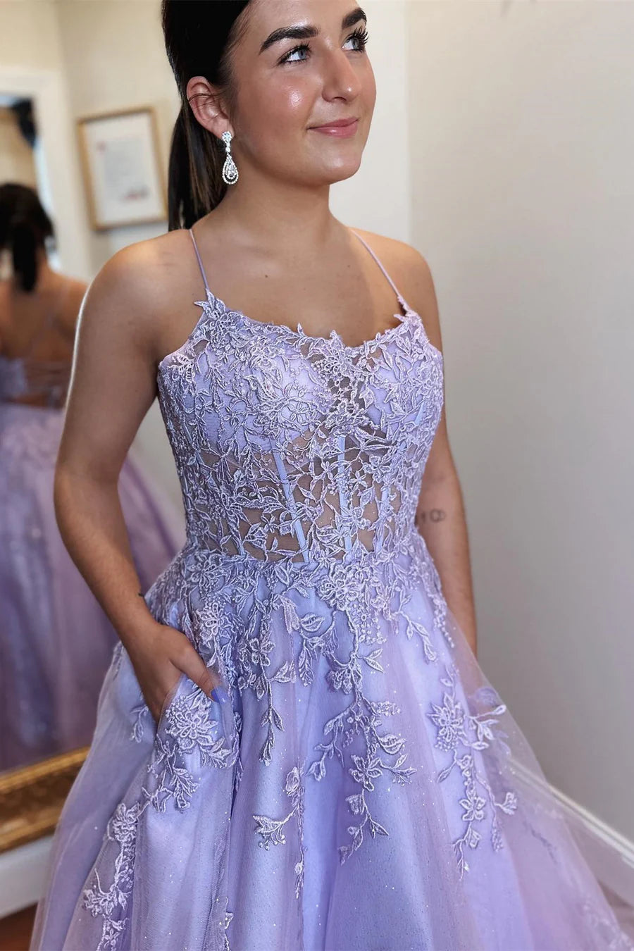 Tulle Applique Lace-Up Back A-Line Prom Dress