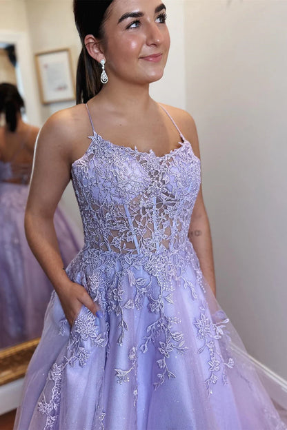 Tulle Applique Lace-Up Back A-Line Prom Dress