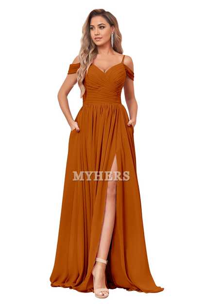 Elegant V Neck Off The Shoulder Ruched Chiffon Side Fork Long Bridesmaid Dresses Wedding Guests Dresses