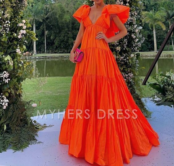 My Hers Prom Dress A-Line Deep V Neck Short Sleeves Pleated Long Exquisite Fashion Ladies Formal Dress