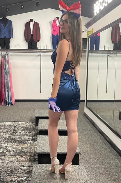 Appliques Lace-Up Short Cocktail Dress