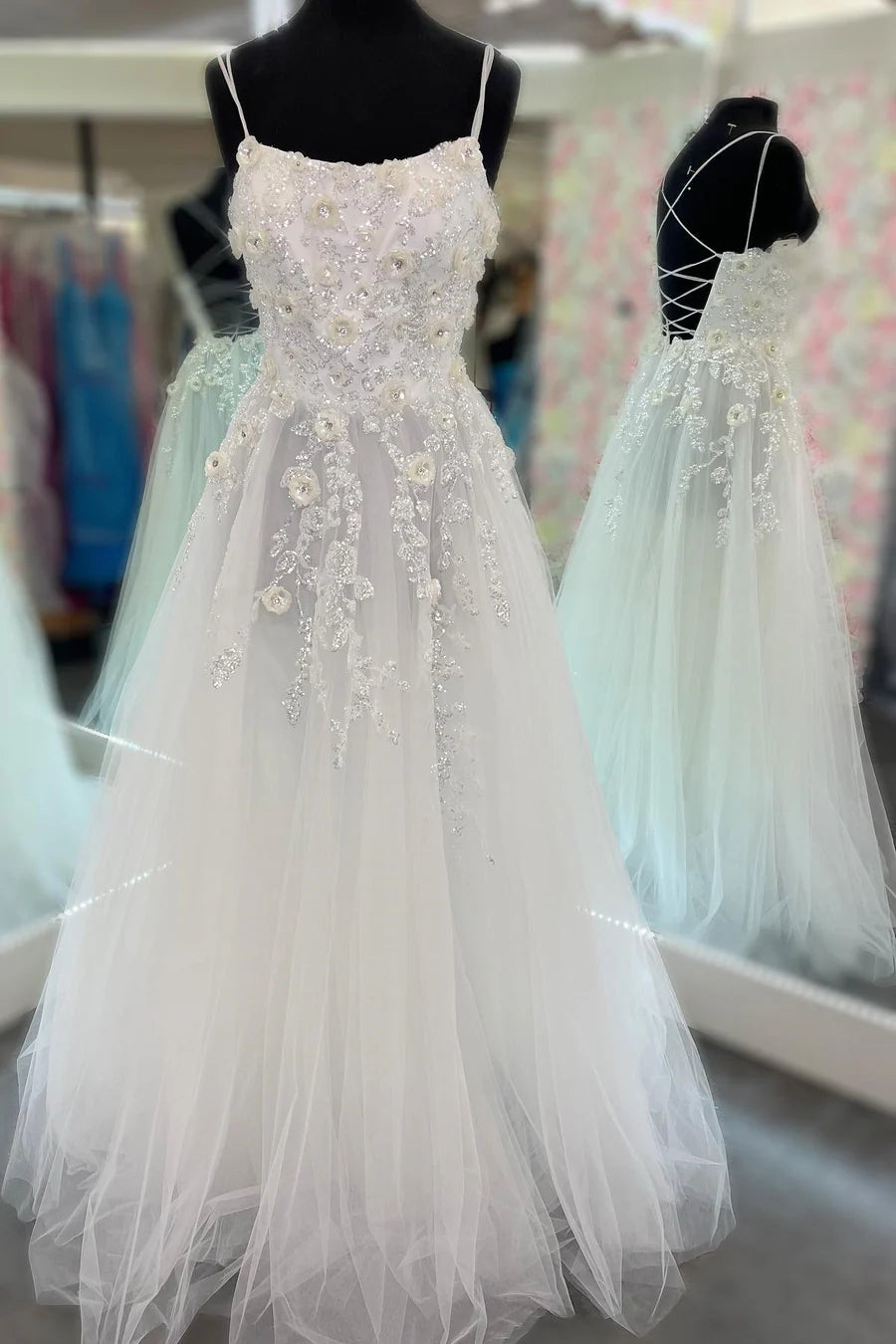 Tulle Floral Applique Lace-Up Back A-Line Long Prom Dress