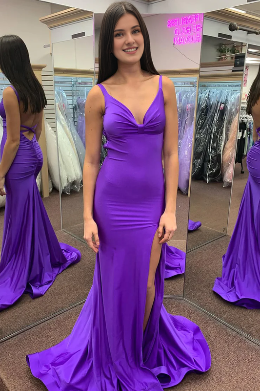 My Hers Ladies Formal Dress Charming Mermaid V Neck Satin Backless Long With Slit Prom Dress