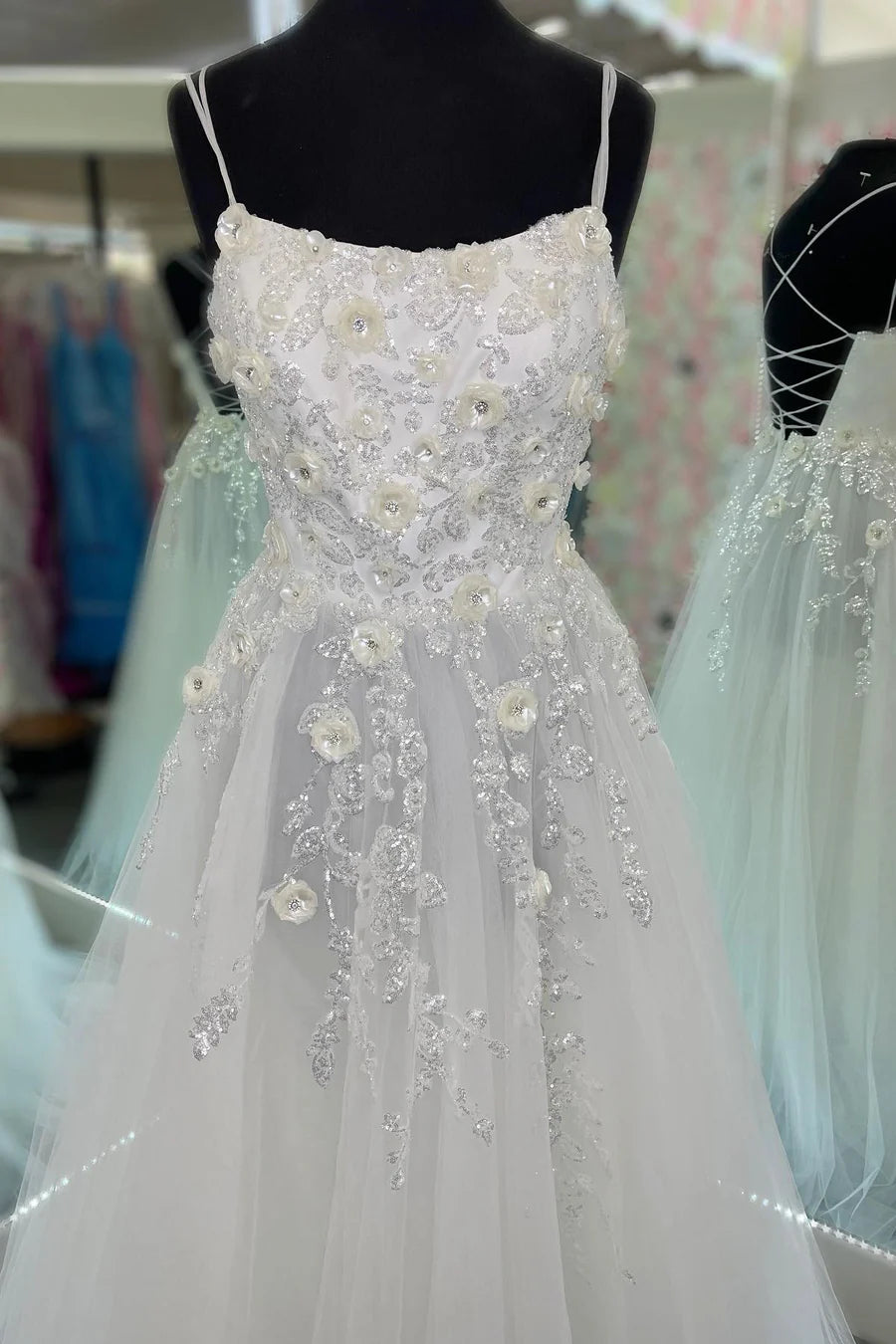 Tulle Floral Applique Lace-Up Back A-Line Long Prom Dress