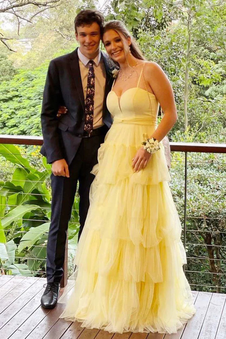 Straps Multi-Tiered A-Line Long Prom Dress