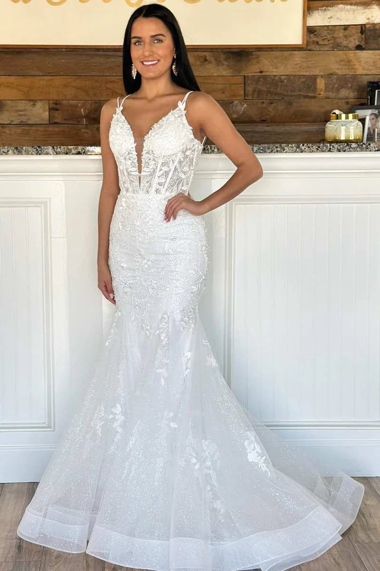 Lace Plunge V Trumpet Long Formal Dress