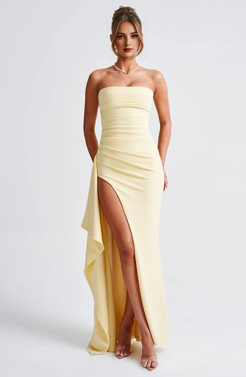 Strapless Ruched Thigh high split Exquisite Dresses Bridesmaid Dresses Wedding Guests Dresses